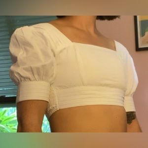 XS Crisp White Square-Neck Cropped Top with Bubble Sleeves